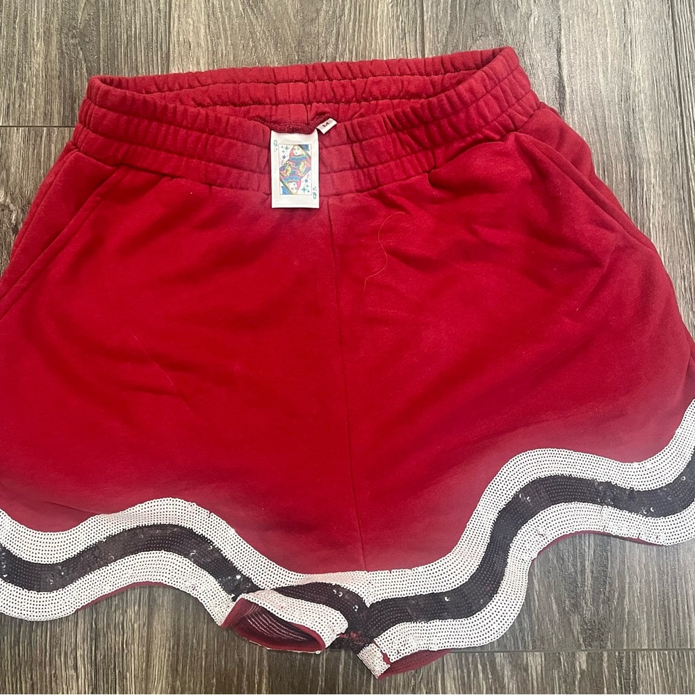 QUEEN OF SPARKLES Crimson Shorts with Black and White sequin Trim